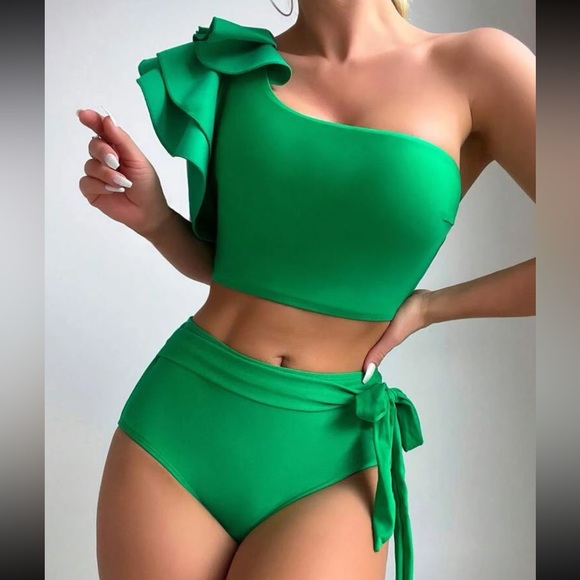 Black Swimsuit Swear wear Ruffle Trim One Shoulder Top High Waist Bottom - Picture 7 of 15